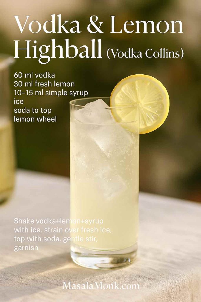 Vodka & Lemon Highball (Vodka Collins) in a tall glass with clear ice and a lemon wheel; concise ingredient list and method overlay; MasalaMonk recipe graphic.
