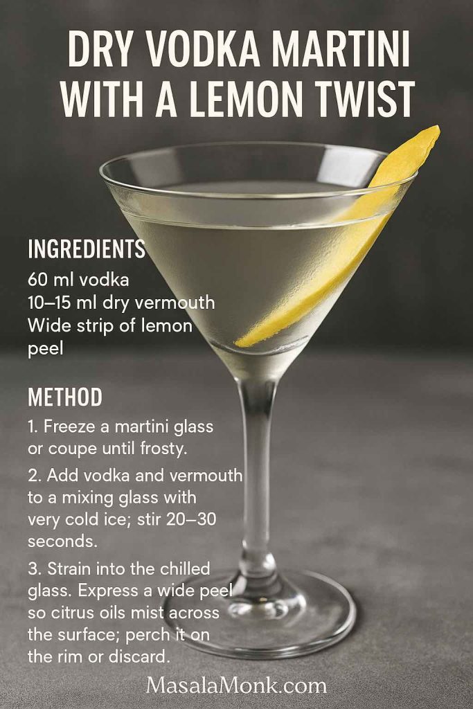 Dry vodka martini served in a chilled coupe with a wide lemon twist; minimal recipe text; MasalaMonk cocktail graphic.