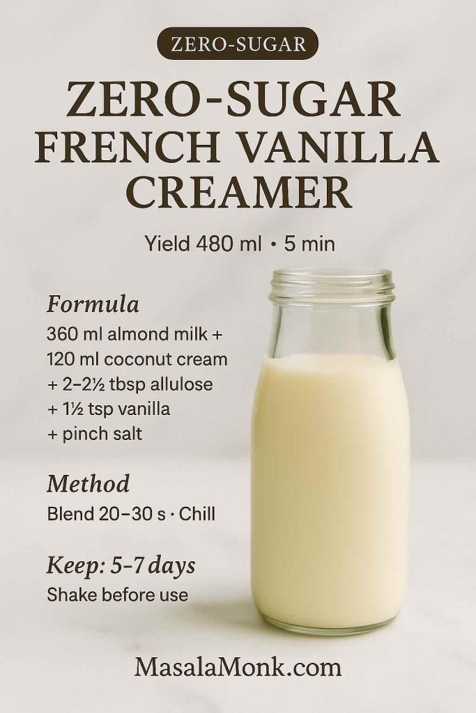 Zero-sugar French vanilla coffee creamer in a glass bottle on light marble—almond milk, coconut cream, allulose, vanilla; DIY creamer recipe card.