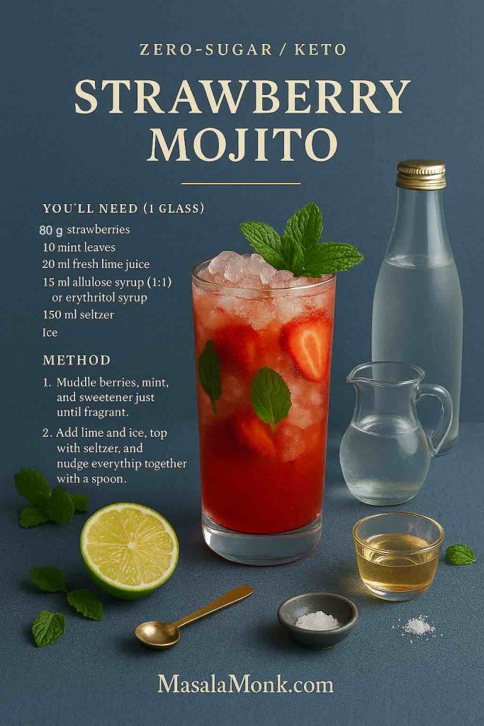 Zero-sugar keto strawberry mojito mocktail recipe card with mint, lime, seltzer and allulose syrup props on a slate-blue background – MasalaMonk