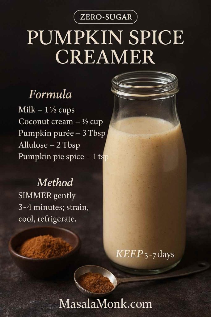 Zero-sugar pumpkin spice coffee creamer sweetened with allulose in a glass bottle beside bowls of spice on dark stone surface.