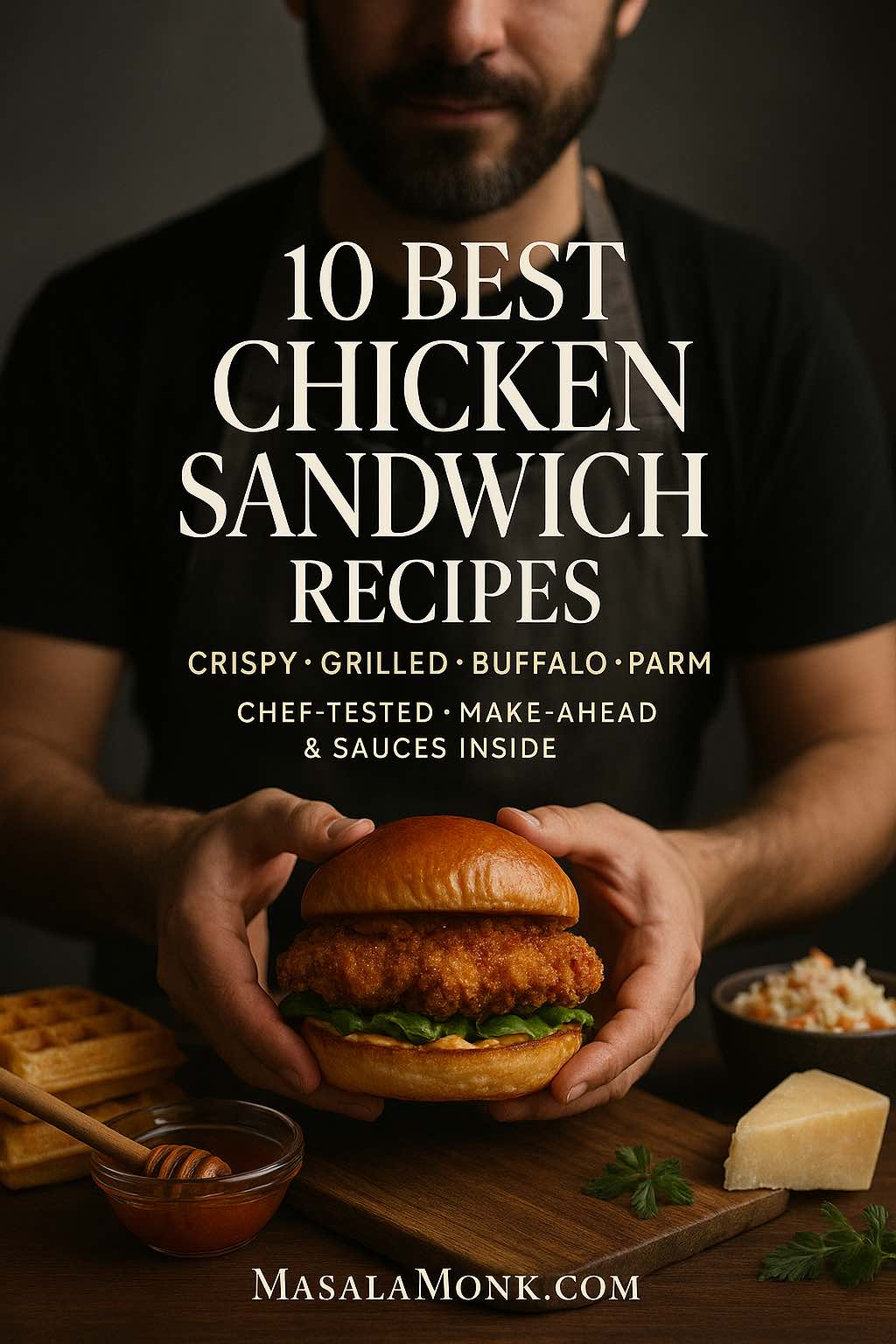 Hands presenting a crispy brioche chicken sandwich on a wooden board with waffles, hot honey, coleslaw and Parmesan—cover for 10 best chicken sandwich recipes.