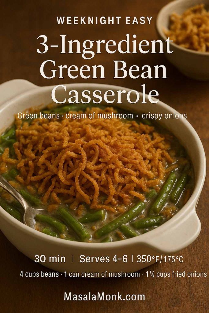3-ingredient green bean casserole in a white baking dish topped with crispy fried onions, with text overlay showing cook time, servings, temperature and MasalaMonk.com branding.