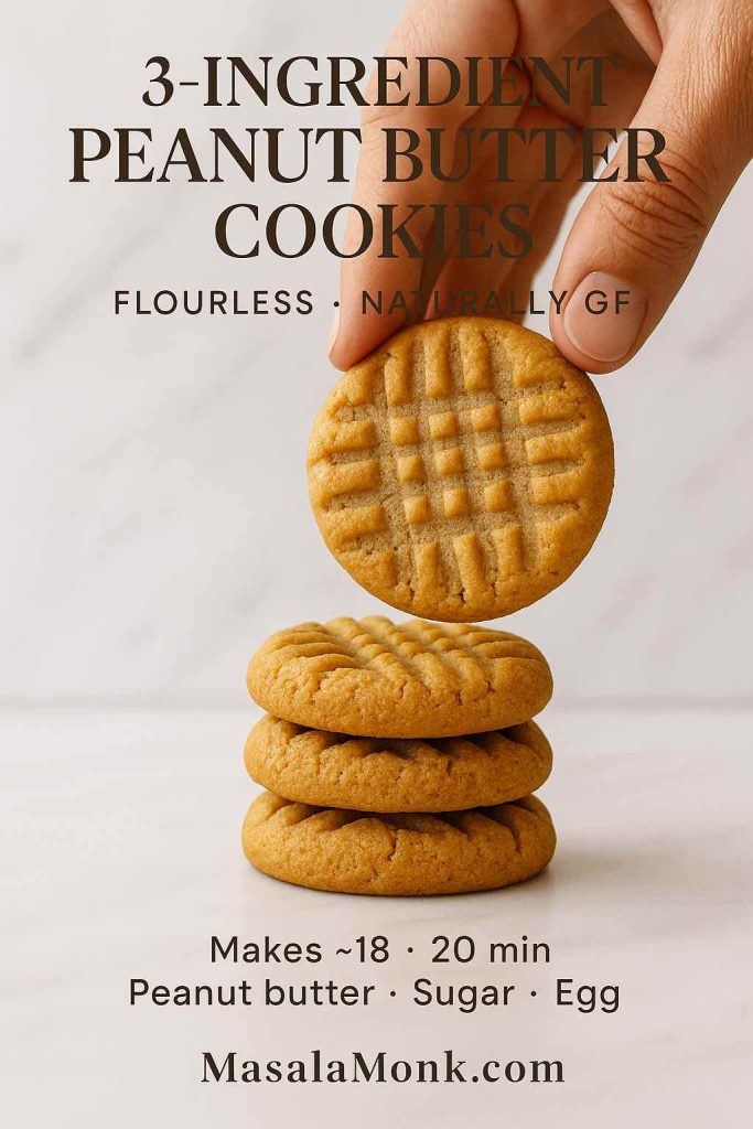 3-ingredient peanut butter cookies recipe, flourless and naturally gluten-free, hand placing a crosshatched cookie on a stack on marble.