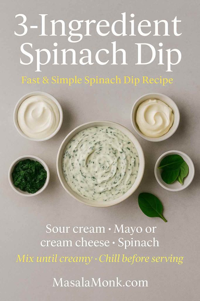 Top-down view of a 3-ingredient spinach dip in a bowl surrounded by small bowls of sour cream, mayonnaise or cream cheese, and spinach on a light surface, with mini recipe text overlay.