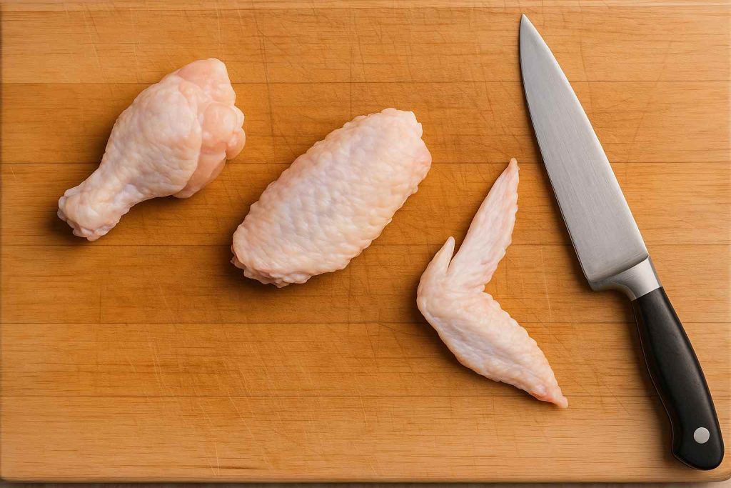 Picture of Chicken Wings separated into 3 parts - the drumette, the flat and the Tip.