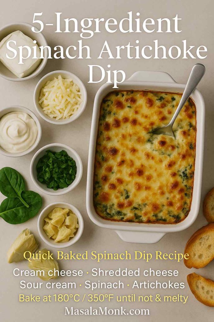 5-ingredient spinach artichoke dip baked in a white dish with a spoon, surrounded by small bowls of cream cheese, shredded cheese, sour cream, spinach and artichokes, with mini recipe text overlay.
