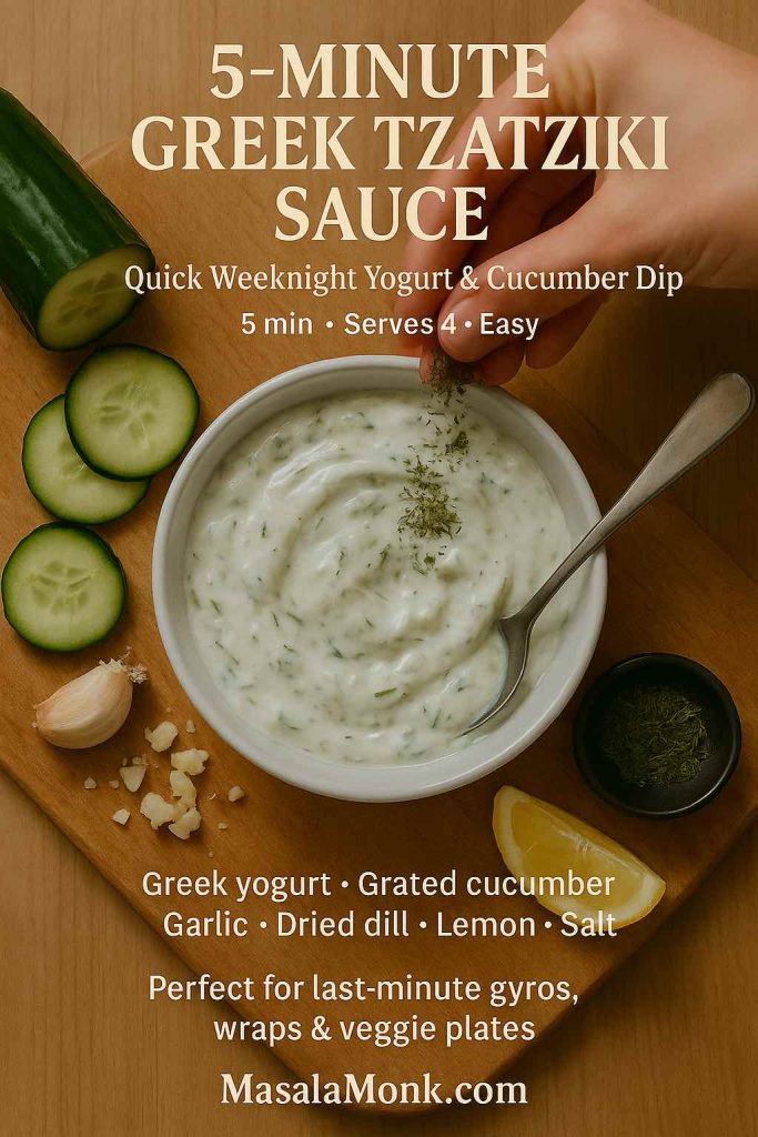Top-down photo of a bowl of 5-minute Greek tzatziki sauce on a wooden board, with a hand sprinkling dried dill over the creamy yogurt and cucumber dip surrounded by cucumber slices, garlic, lemon and a spoon.