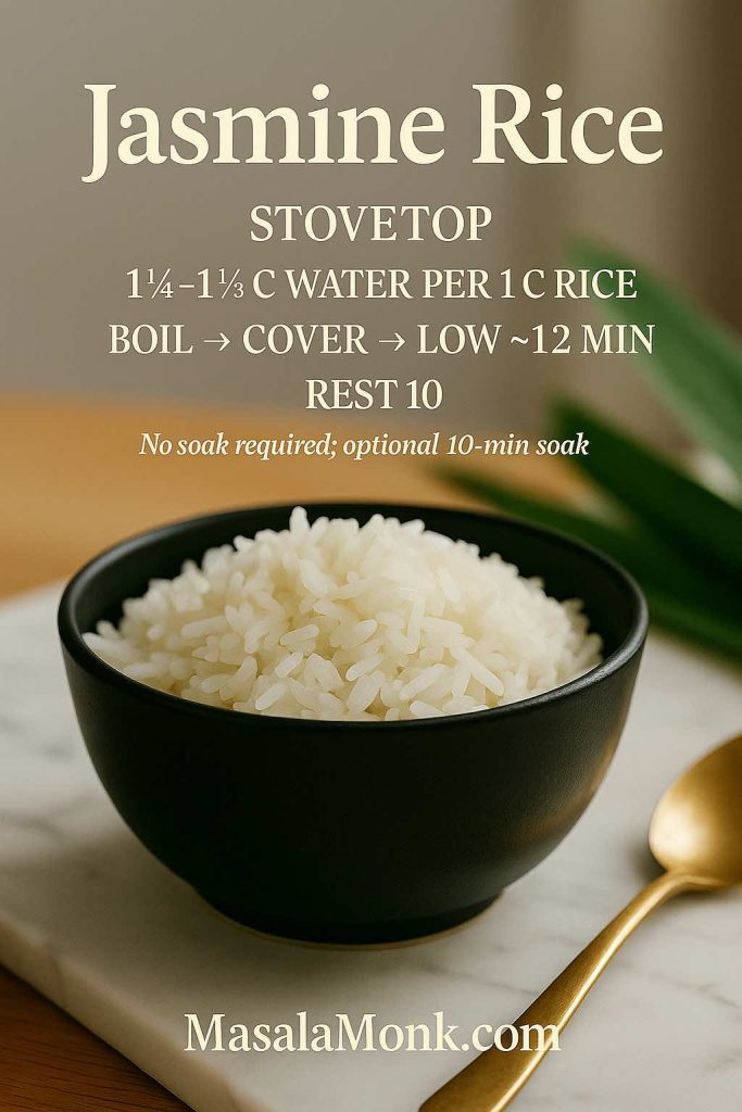 Black enamel pot with steaming jasmine rice; no soak needed; 1¼–1⅓ water; boil, cover, low ~12, rest 10.