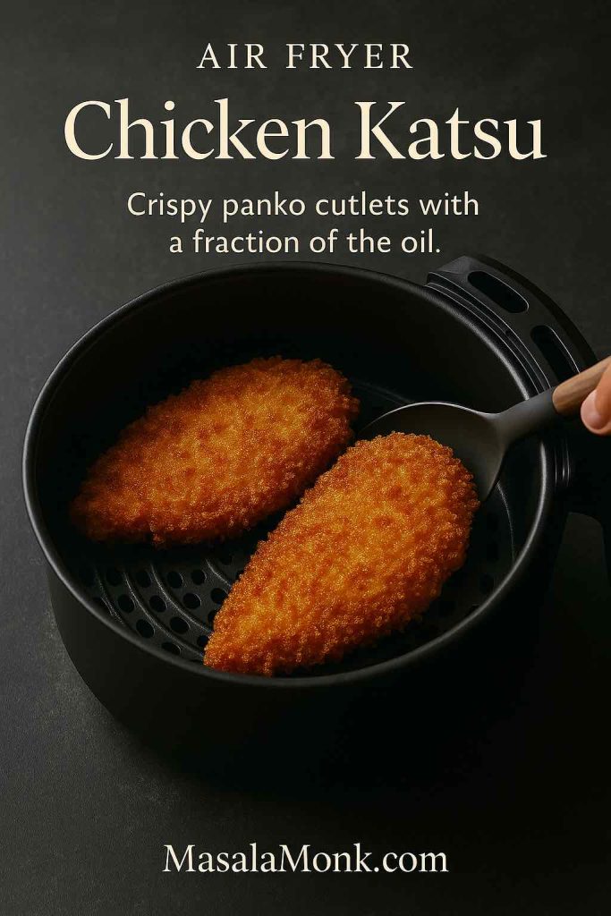 Two golden panko-coated chicken katsu cutlets in a black air fryer basket, showing the air fryer version of chicken katsu.