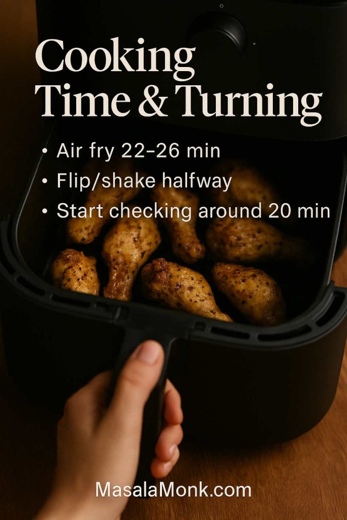 Portrait image of an air fryer basket filled with golden lemon pepper chicken wings being pulled out by hand, with overlay text listing cooking time, flipping halfway and checking doneness around 20 minutes.