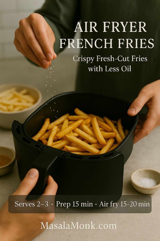 Recipe card showing air fryer French fries made from fresh-cut potatoes, with seasoning sprinkled over the basket and serving and cook times displayed.