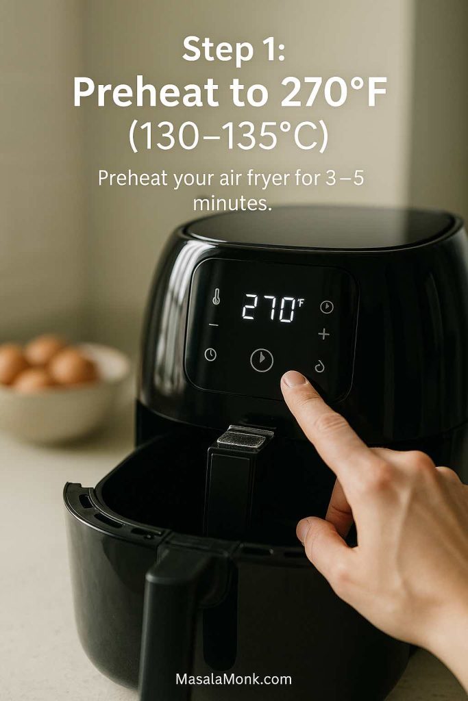Step 1 for making air fryer hard boiled eggs – hand pressing the start button on a black air fryer preheated to 270°F (130–135°C).