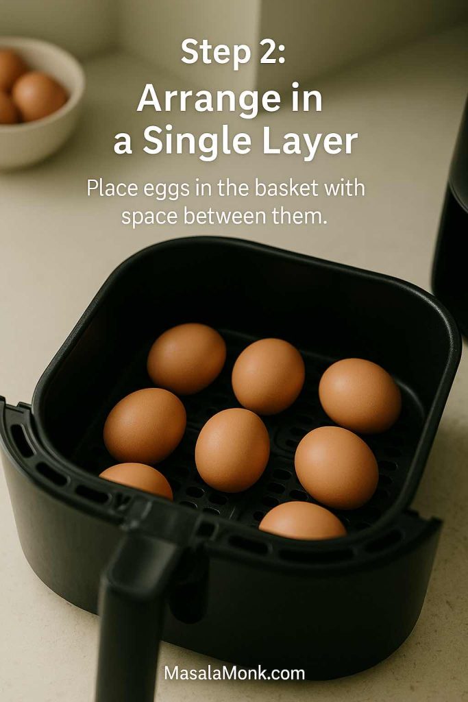 Step 2 for air fryer hard boiled eggs – eight brown eggs arranged in a single layer inside a black air fryer basket with space between each egg.