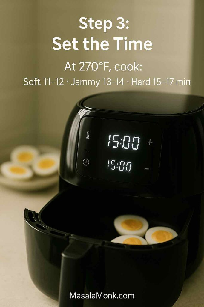 Step 3 for making air fryer hard boiled eggs – close-up of an air fryer set to 270°F and 15 minutes, with sliced eggs in the background showing soft, jammy, and hard yolks.