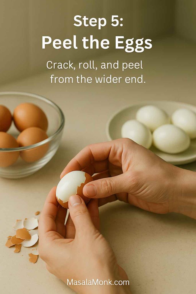 Step 5 for air fryer hard boiled eggs – hands peeling a hard boiled egg on a countertop with eggshells scattered and a bowl of whole eggs in the background.