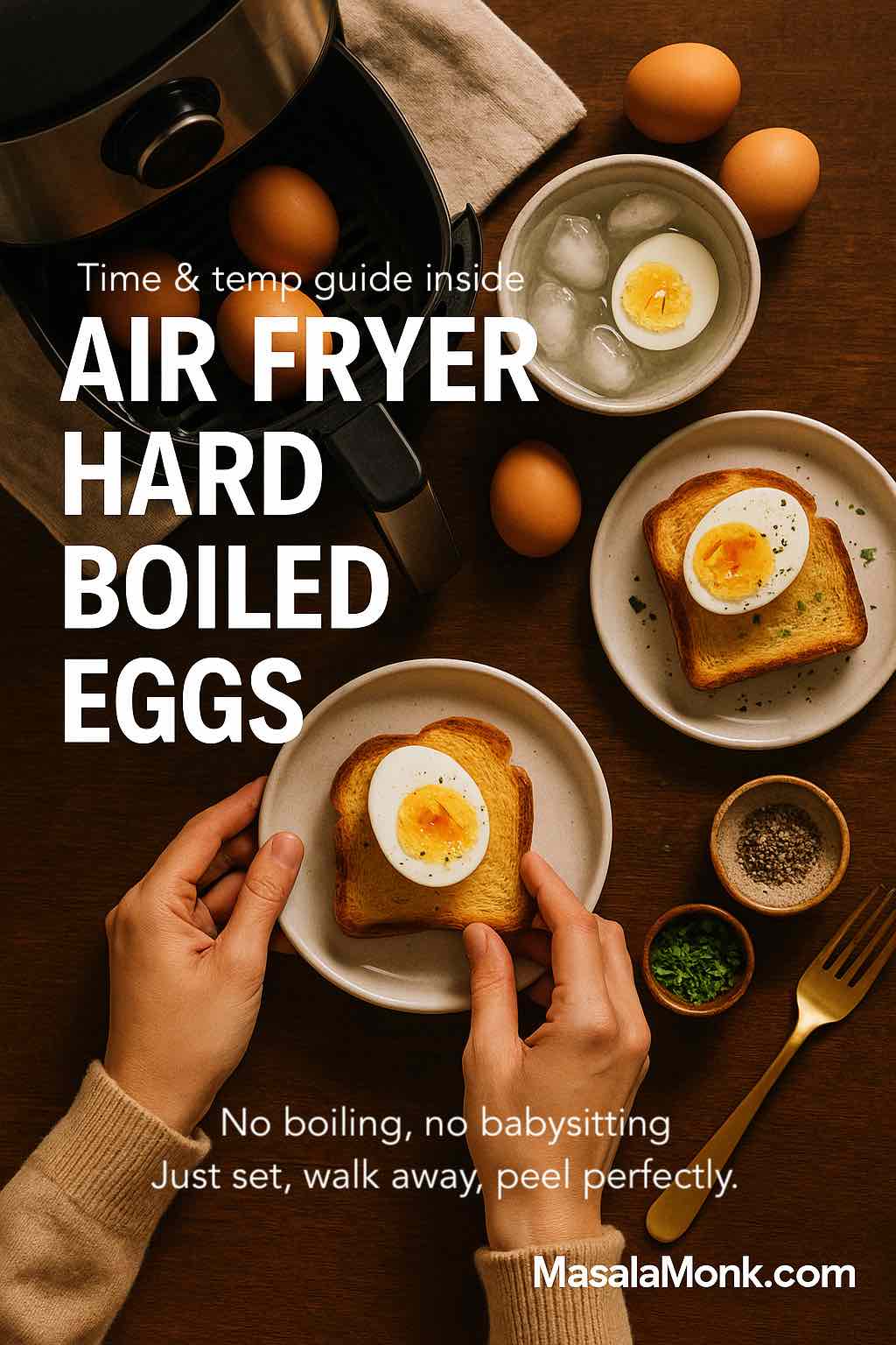 Top view of a person holding toast topped with a halved air fryer hard boiled egg, next to an open air fryer basket filled with eggs, a bowl of eggs in ice water, and text reading "Air Fryer Hard Boiled Eggs – Time & temp guide inside".