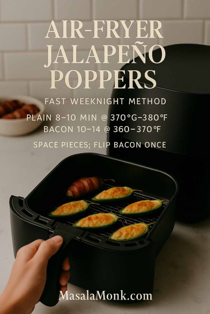Hand pulling out an air fryer basket with jalapeno poppers—plain and bacon-wrapped—showing fast weeknight cook times
