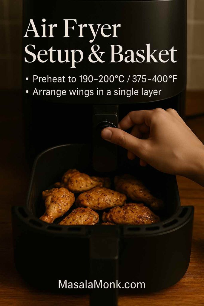 Portrait image of an air fryer with a hand adjusting the dial while seasoned chicken wings sit in the basket in a single layer, with text overlay about preheating to 190–200°C and arranging the wings properly.