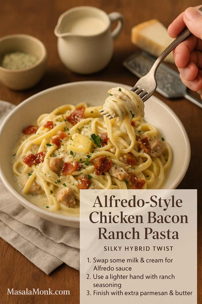 Bowl of Alfredo-style chicken bacon ranch pasta with fettuccine coated in creamy sauce, chicken and crispy bacon, with a fork twirling a bite and a recipe card overlay.