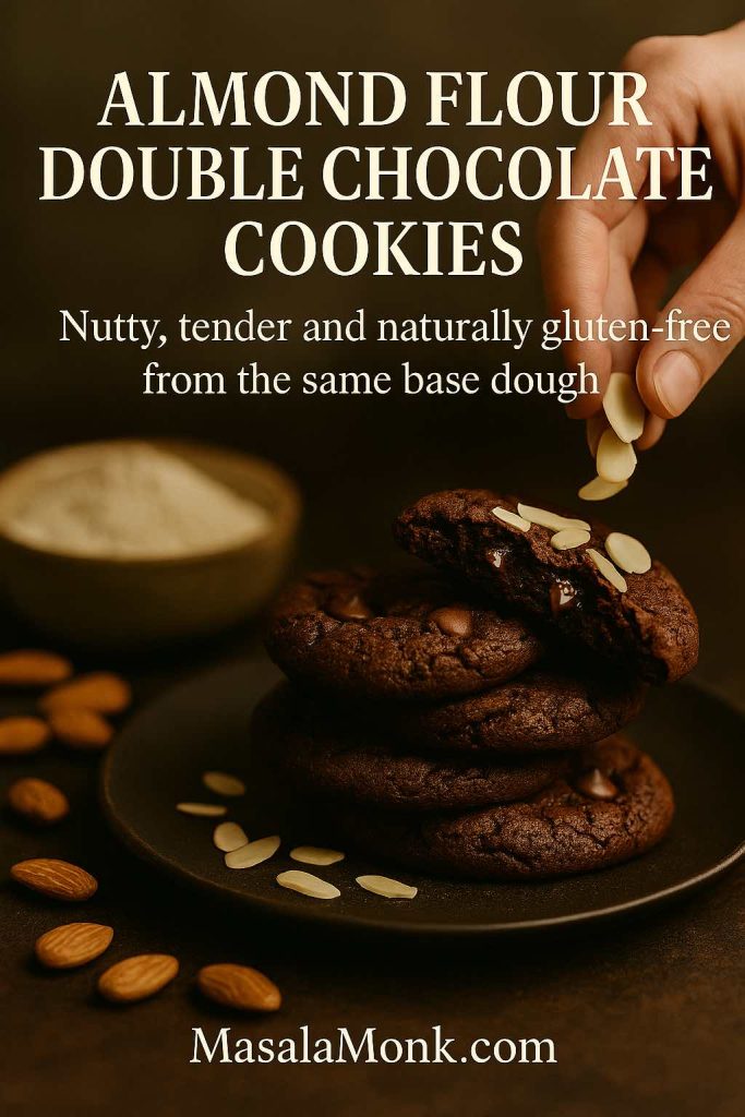 Hand sprinkling almond slices over a stack of almond flour double chocolate cookies on a dark plate, with a bowl of almond flour and whole almonds around it, showing the nutty gluten-free variation.