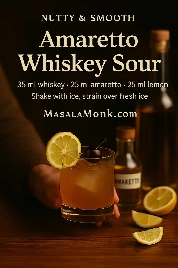 Amaretto Whiskey Sour recipe card showing an amber whiskey and amaretto cocktail in a rocks glass with lemon wheel and cherry garnish, a labeled amaretto bottle in the background and text listing 35 ml whiskey, 25 ml amaretto and 25 ml lemon.