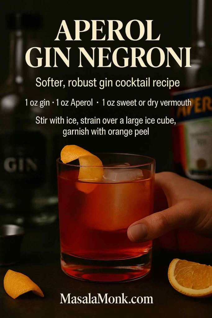 Aperol Gin Negroni cocktail in a short rocks glass with a large clear ice cube and orange peel garnish, held by a hand on a dark bar with blurred gin and Aperol bottles in the background, overlaid with mini gin cocktail recipe text and MasalaMonk.com branding