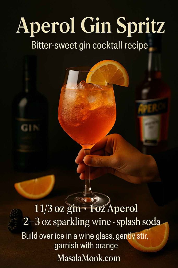 Aperol Gin Spritz cocktail in a stemmed wine glass filled with ice and garnished with an orange slice, held by a person in a dark blazer, with Aperol bottle, gin bottle and jigger on a moody bar surface, plus mini gin cocktail recipe text and MasalaMonk.com branding