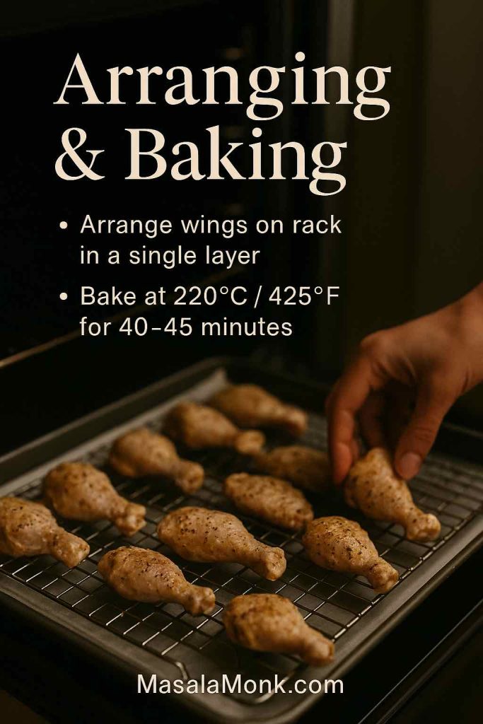Portrait image of raw seasoned chicken wings laid in a single layer on a wire rack set over a baking sheet, being slid toward the oven, with text overlay titled Arranging & Baking.