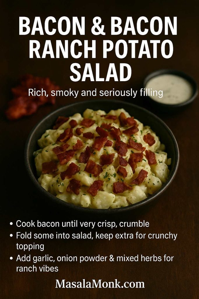For a rich, smoky potato salad, crisp your bacon hard, fold some into the bowl and keep extra on top—then add garlic, onion powder and herbs to turn it into a full-on bacon ranch potato salad.