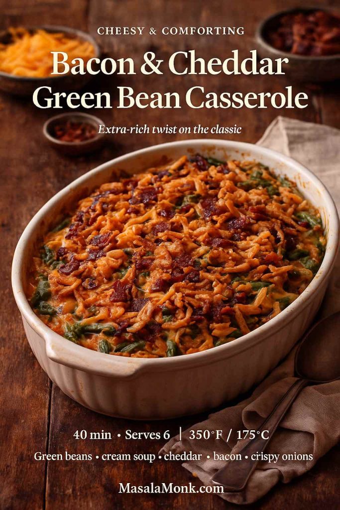 Bacon and cheddar green bean casserole in a white oval baking dish, topped with crispy fried onions and bacon over melted cheese, with text overlay showing bake time, servings, temperature and MasalaMonk.com branding.