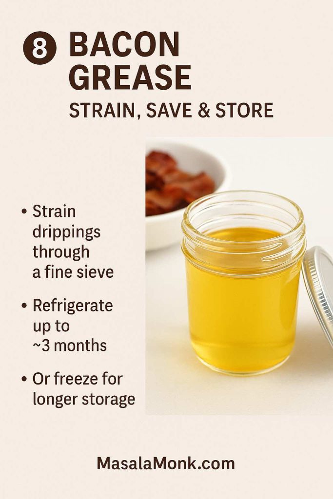 Jar of strained bacon grease with tips to refrigerate for about 3 months or freeze longer