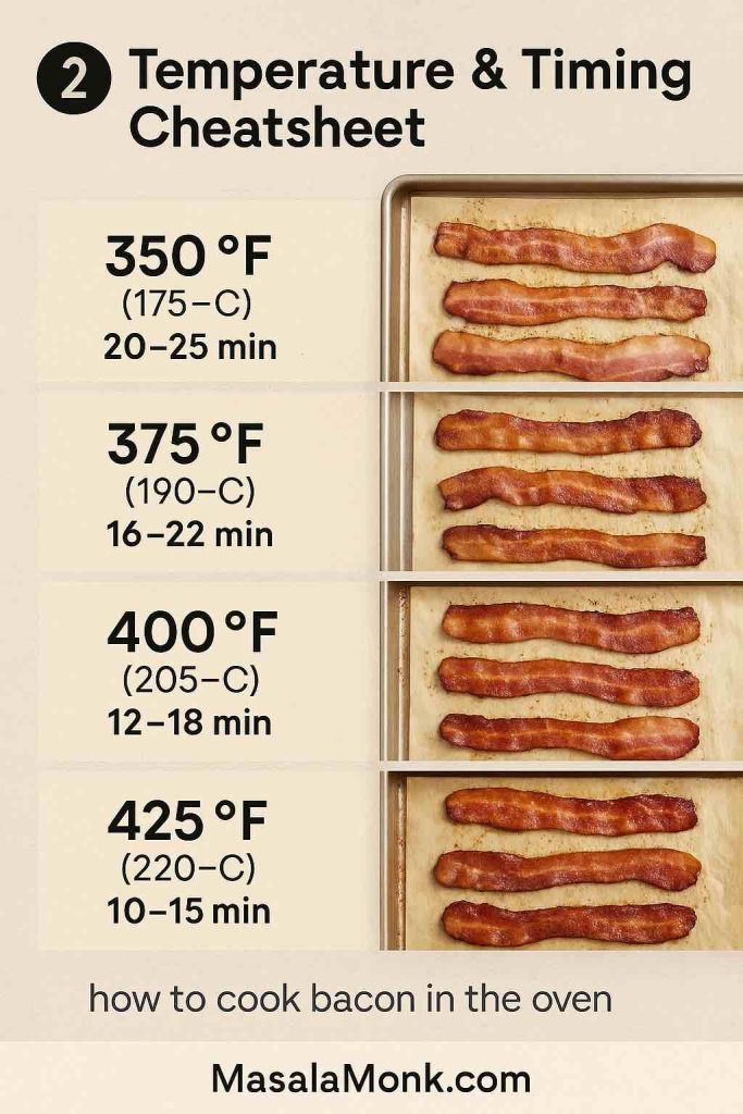 Oven bacon time and temperature chart for 350°F, 375°F, 400°F, and 425°F with doneness photos
