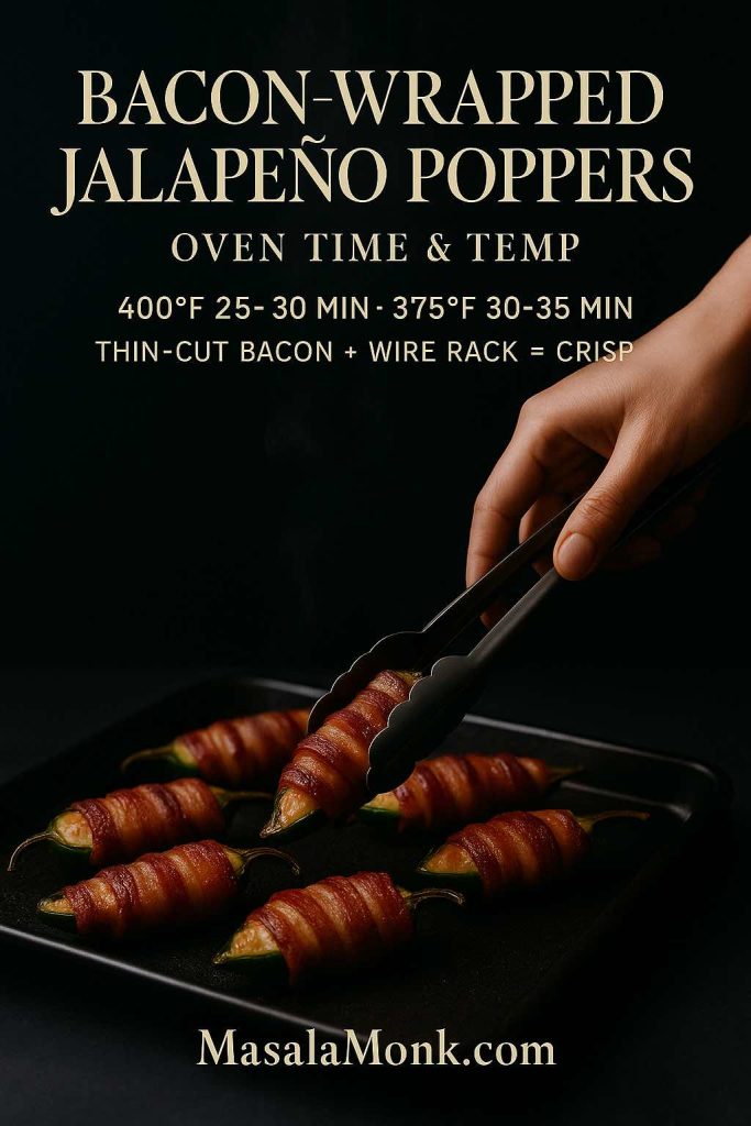 Hand lifting bacon-wrapped baked jalapeno poppers from a black tray—oven time and temperature guide