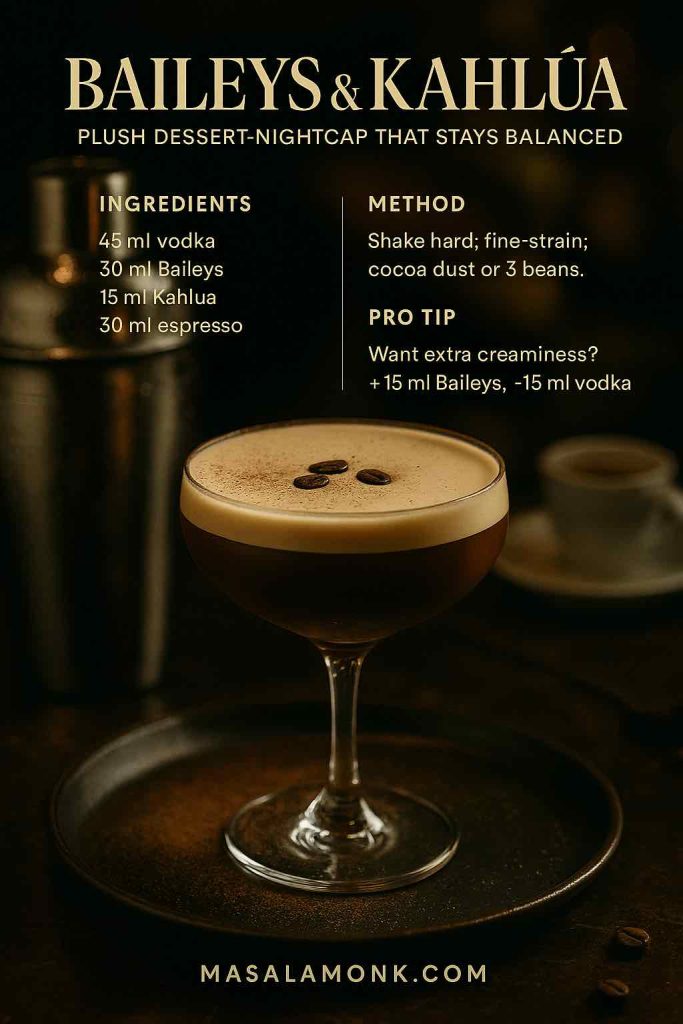 Recipe card: Baileys & Kahlúa Espresso Martini—45 ml vodka, 30 ml Baileys, 15 ml Kahlúa, 30 ml espresso; shake, fine-strain, cocoa dust or 3 beans.
