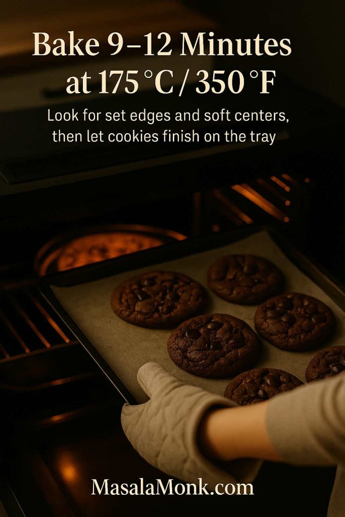 Hands in quilted oven mitts pulling a tray of freshly baked double chocolate chip cookies from the oven, with on-image text showing to bake 9–12 minutes at 175°C or 350°F and look for set edges and soft centers.