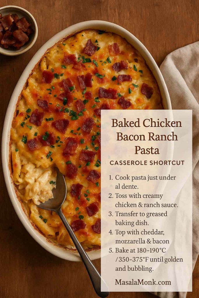 Golden baked chicken bacon ranch pasta casserole in an oval dish with melted cheese and bacon on top, next to a spoon and a recipe card overlay with simple casserole instructions.