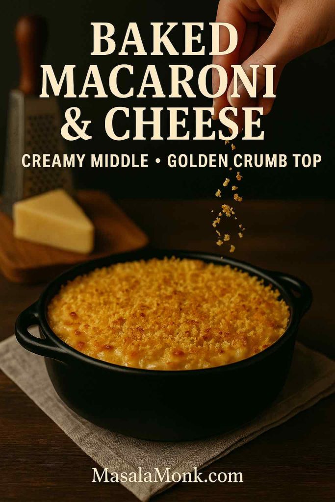 Hand sprinkling buttery breadcrumbs over a golden baked macaroni and cheese in a black casserole; cheese wedge and grater softly blurred.