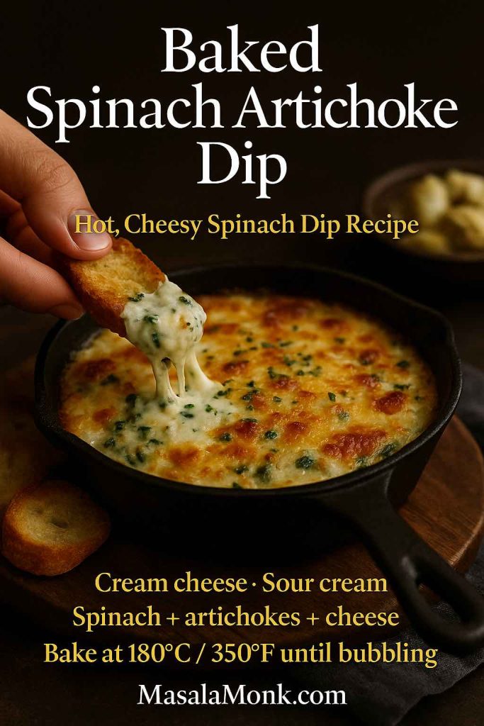 Baked spinach artichoke dip in a cast-iron skillet with a hand lifting a cheesy scoop on toasted bread, the golden bubbling top surrounded by extra crostini, with mini recipe text overlay.