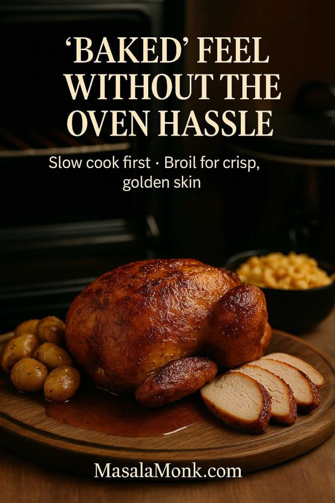 Whole roasted chicken with crisp golden skin on a wooden board, served with potatoes and macaroni and cheese in front of an oven, illustrating the baked-style finish for crock pot whole chicken.