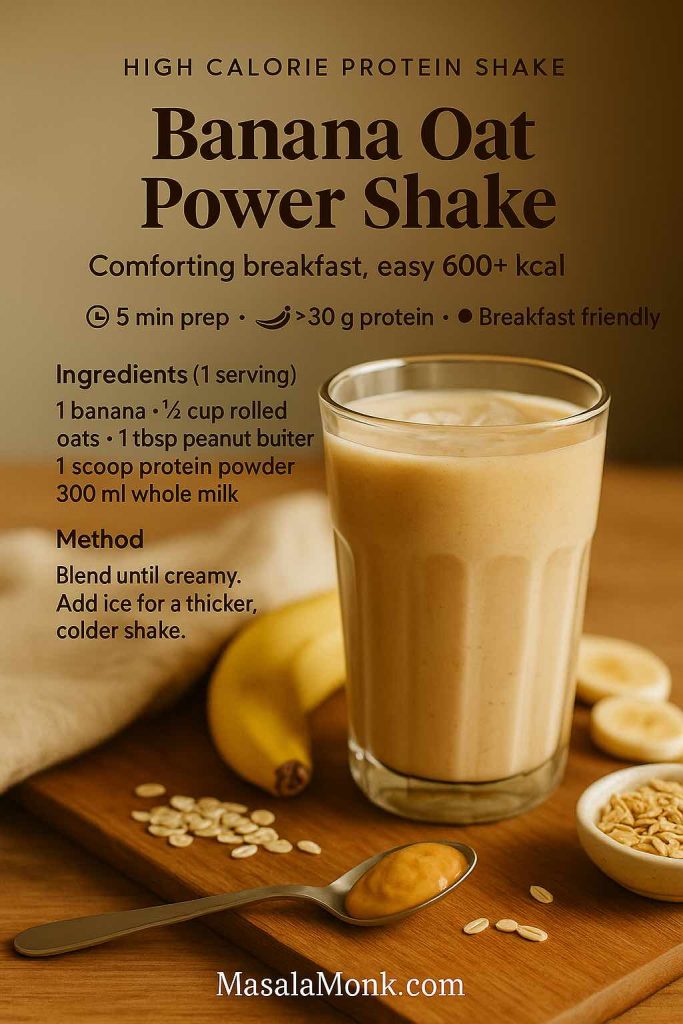 Banana Oat Power Shake high calorie protein shake recipe card showing a creamy breakfast smoothie in a glass with banana, oats and peanut butter, from MasalaMonk.com