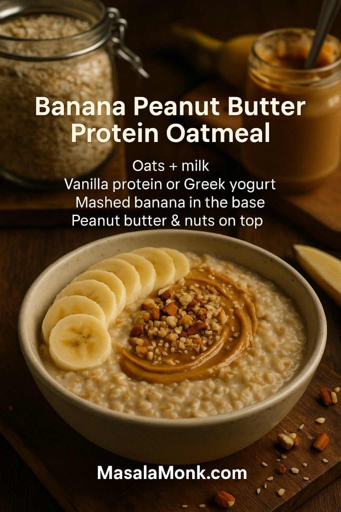 Bowl of banana peanut butter protein oatmeal topped with banana slices, peanut butter swirl and chopped nuts, with recipe text overlay on a rustic wooden table.