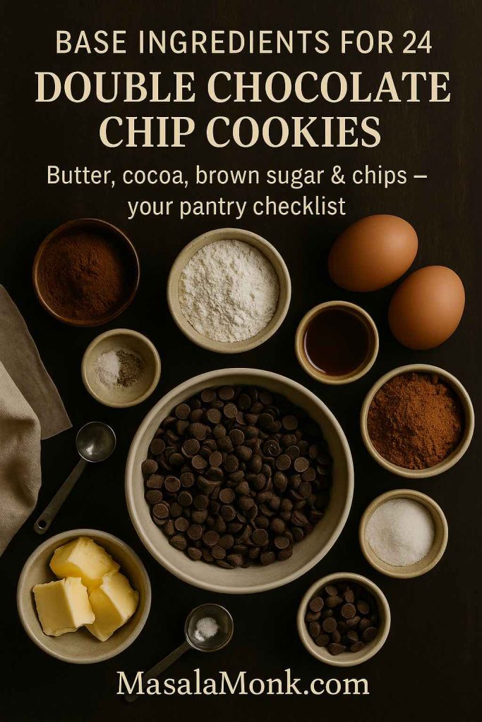 Flat lay of base ingredients for 24 double chocolate chip cookies on a dark wooden surface, including butter, cocoa powder, brown sugar, white sugar, eggs, flour, vanilla, salt and chocolate chips, with text describing them as a pantry checklist.