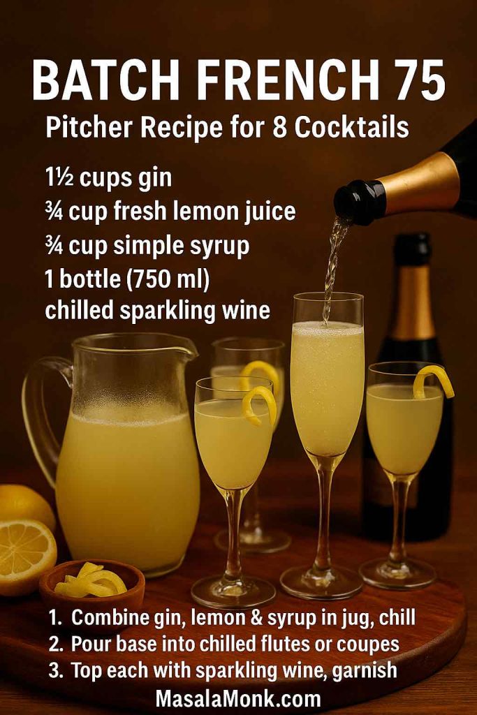 Batch French 75 cocktail recipe card showing a frosty pitcher of French 75 base on a wooden table with several champagne flutes being filled and garnished with lemon twists, along with text listing gin, lemon juice, simple syrup, a bottle of sparkling wine and three simple steps to serve eight cocktails.