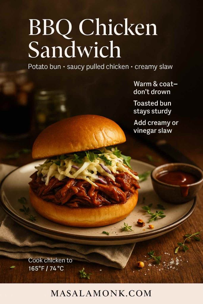 BBQ chicken sandwich on potato bun with creamy slaw, styled recipe card with MasalaMonk branding.