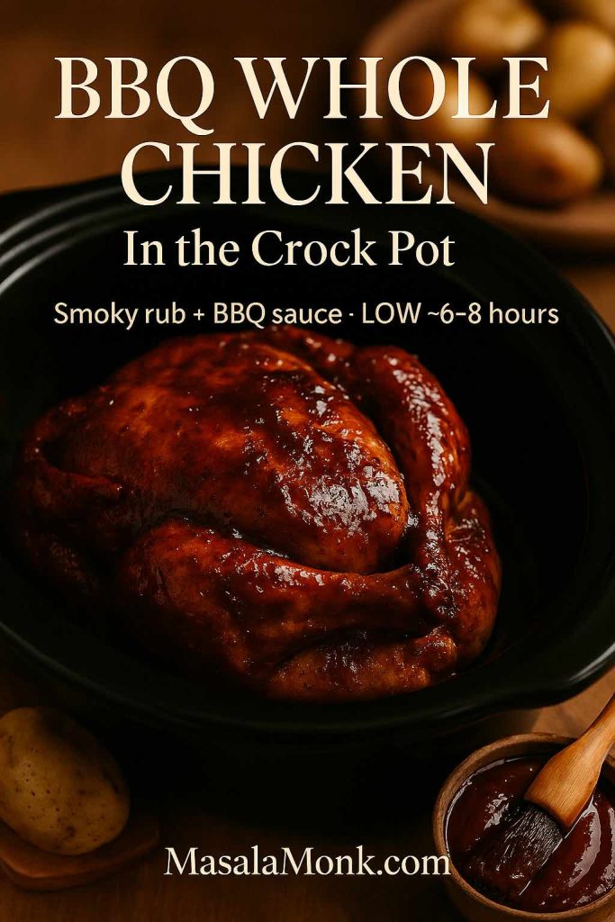Whole chicken coated in glossy BBQ sauce sitting in a black crock pot with a bowl of extra sauce and a brush beside it, showing a BBQ-style slow cooker whole chicken.