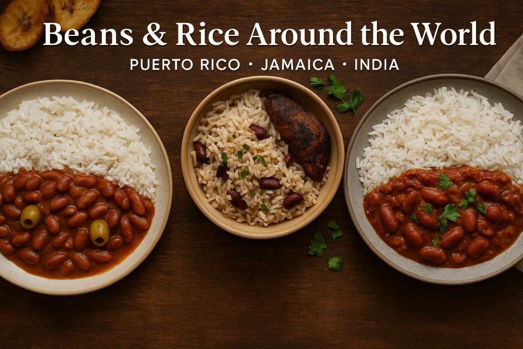 Three plates of beans and rice inspired by Puerto Rico, Jamaica and India on a wooden table with the title Beans and Rice Around the World.