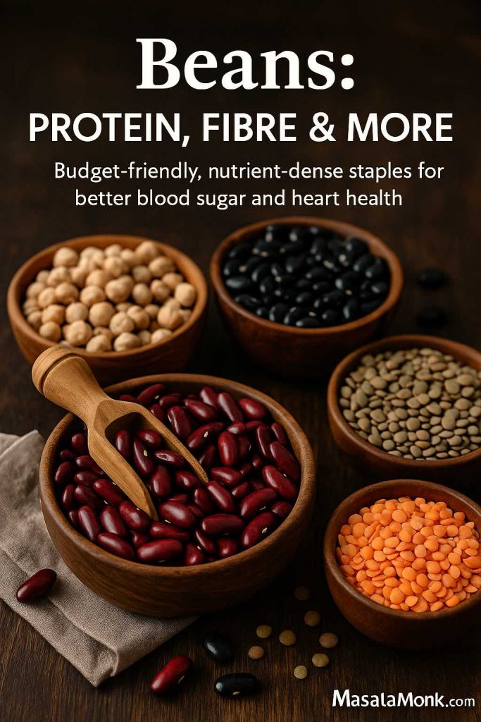 Wooden bowls filled with kidney beans, chickpeas, black beans and lentils on a dark wooden table with the words Beans: Protein, Fibre & More highlighting their health benefits.