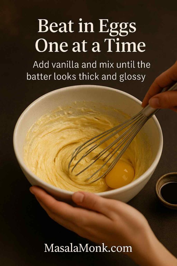 Hands whisking an egg into a thick yellow batter in a ceramic bowl, with vanilla in a small dish beside it, showing the step of beating in eggs one at a time for double chocolate chip cookies.