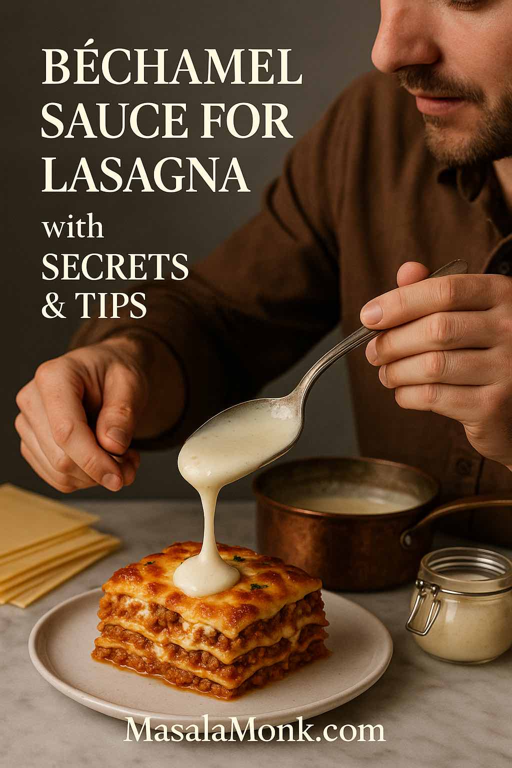 Hand pouring silky béchamel onto a golden lasagna slice; copper saucepan and pasta sheets behind — Béchamel Sauce for Lasagna.